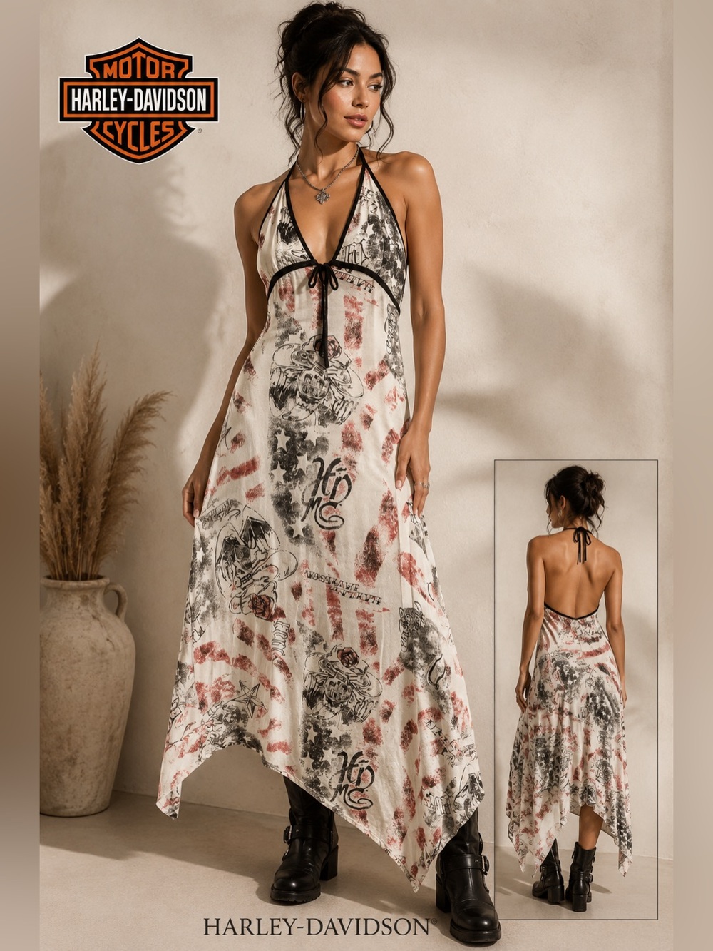 Vintage Y2K Harley-Davidson Halter Maxi Dress L Sharkbite Hem Biker Graphic